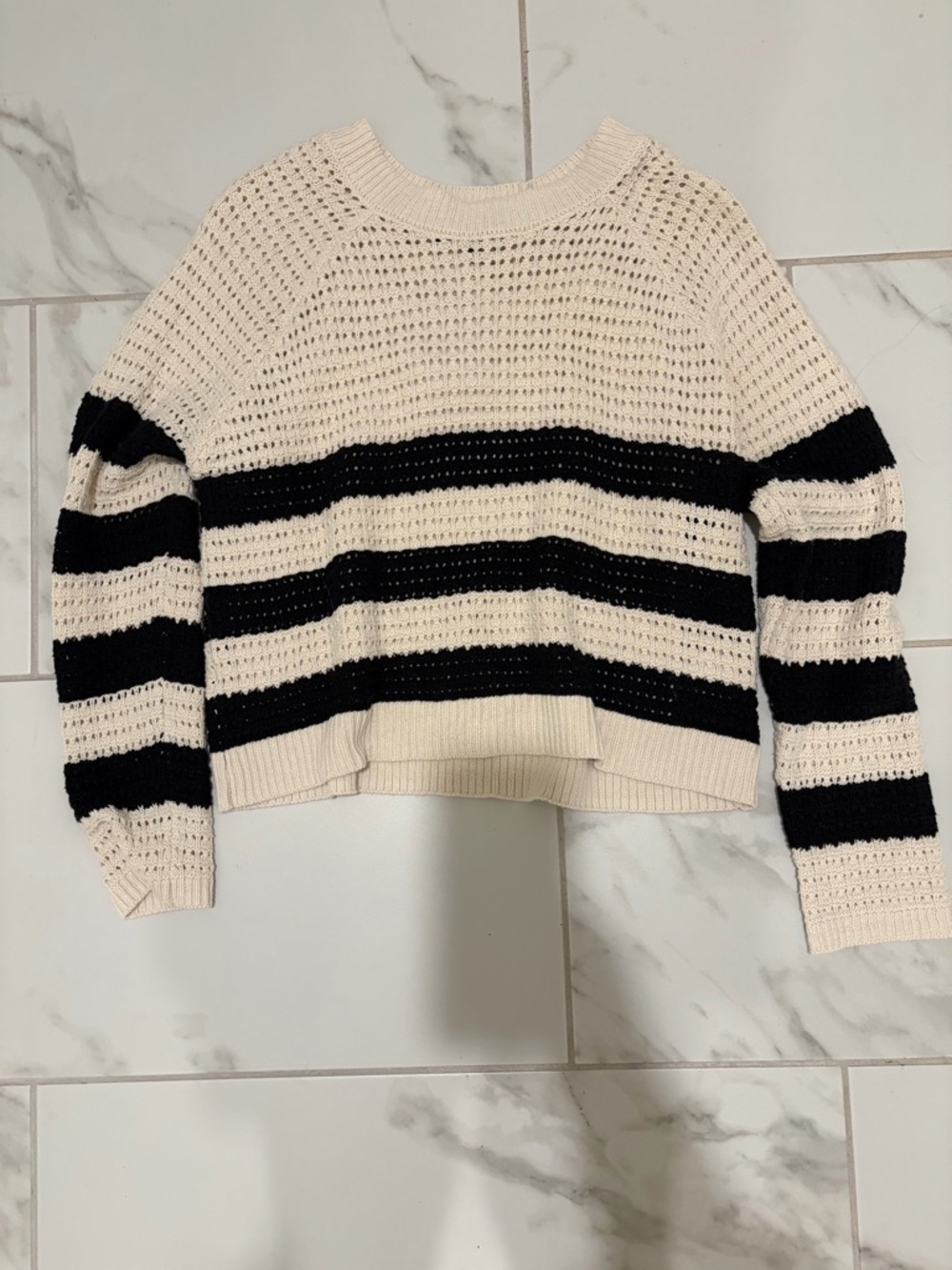 Rachel Cream and Black Striped Open-Weave Crewneck Sweater